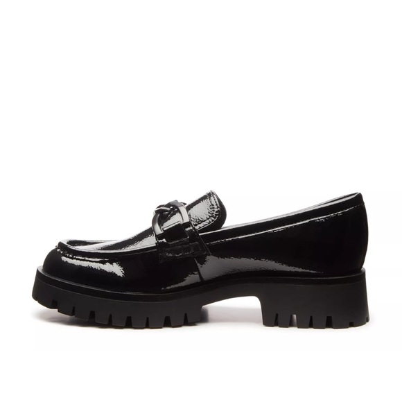 Nine West Gables Chain Detail Black Patent Lug Sole Loafers - Picture 2 of 3